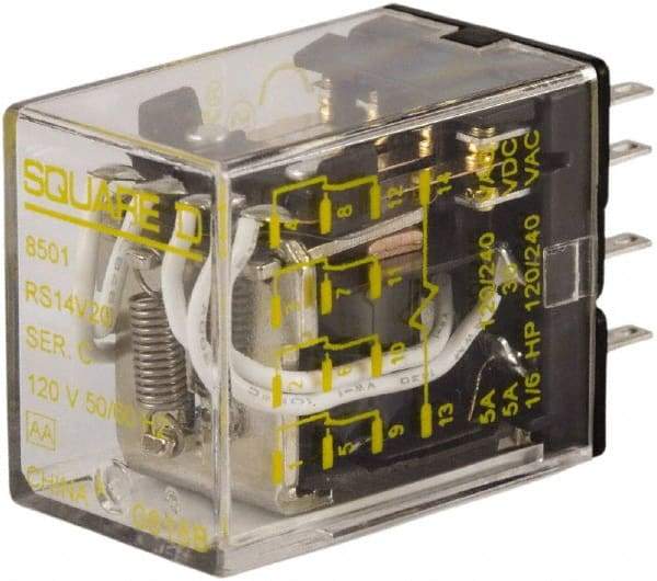 Square D - 1/6 hp at 120/240 Volt, Electromechanical Plug-in General Purpose Relay - 5 Amp at 240 VAC, 4PDT, 12 VAC at 50/60 Hz - Caliber Tooling