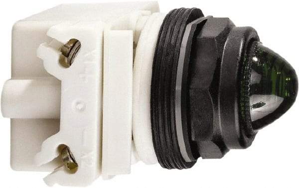 Schneider Electric - 120 VAC/VDC Green Lens LED Pilot Light - Round Lens, Screw Clamp Connector, 54mm OAL x 42mm Wide, Vibration Resistant - Caliber Tooling