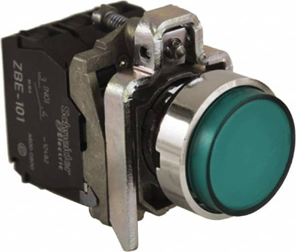 Schneider Electric - 0.87 Inch Mount Hole, Extended Straight, Pushbutton Switch - Round, Green Pushbutton, Illuminated, Momentary (MO), Anticorrosive, Dust Resistant and Vaportight - Caliber Tooling