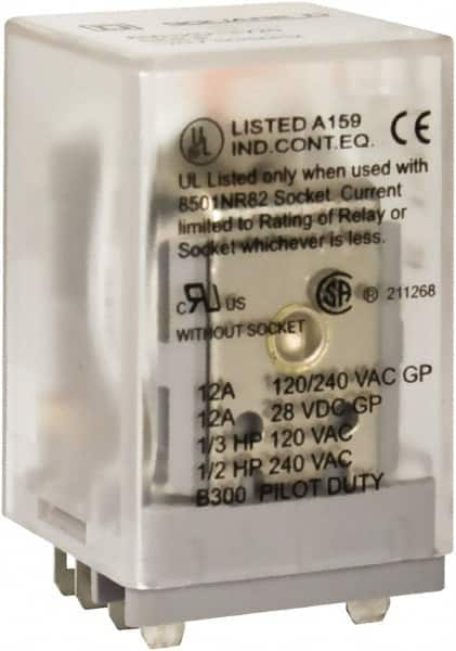 Square D - 8 Pins, 1 hp at 277 Volt & 1/3 hp at 120 Volt, 3 VA Power Rating, Square Electromechanical Plug-in General Purpose Relay - 10 Amp at 250 VAC, DPDT, 120 VAC at 50/60 Hz, 34.9mm Wide x 50mm High x 35.4mm Deep - Caliber Tooling