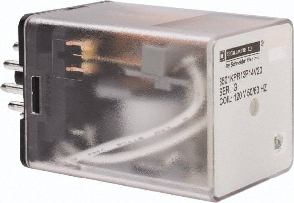 Square D - 11 Pins, 1 hp at 277 Volt & 1/3 hp at 120 Volt, 3 VA Power Rating, Octal Electromechanical Plug-in General Purpose Relay - 10 Amp at 250 VAC, 3PDT, 120 VAC at 50/60 Hz, 34.9mm Wide x 50.3mm High x 35.4mm Deep - Caliber Tooling