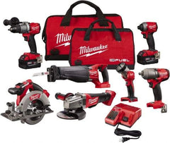 Milwaukee Tool - 18 Volt Cordless Tool Combination Kit - Includes Hammer Drill, Impact Driver, Reciprocating Saw, Circular Saw, Grinder, Work Light & 1/2" Impact Wrench, Lithium-Ion Battery Included - Caliber Tooling