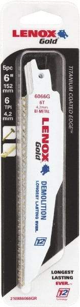 Lenox - 6" Long x 7/8" Thick, Bi-Metal Reciprocating Saw Blade - Tapered Profile, 6 TPI, Toothed Edge, Universal Shank - Caliber Tooling