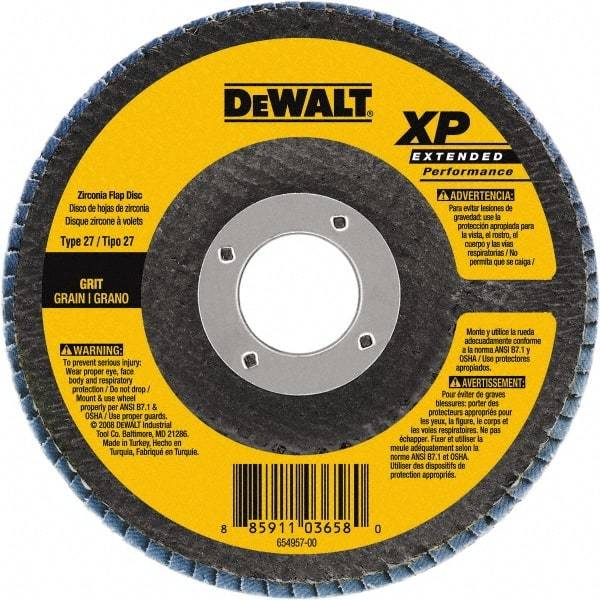 DeWALT - 40 Grit, 6" Disc Diam, 5/8-11 Center Hole, Type 27 Zirconia Alumina Flap Disc - 10,100 Max RPM, Cloth Backing, Arbor Attaching System, Coated - Caliber Tooling