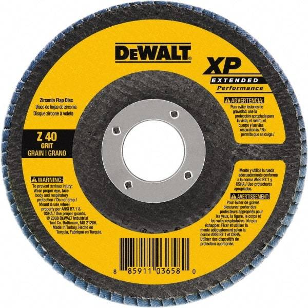 DeWALT - 40 Grit, 7" Disc Diam, 7/8" Center Hole, Type 27 Zirconia Alumina Flap Disc - 8,700 Max RPM, Cloth Backing, Arbor Attaching System, Coated - Caliber Tooling