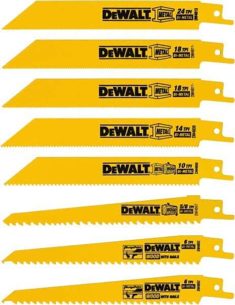 DeWALT - 8 Pieces, 4" to 6" Long x 0.04" Thickness, Bi-Metal Reciprocating Saw Blade Set - Straight Profile, 4 to 24 Teeth, Toothed Edge - Caliber Tooling