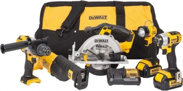 DeWALT - 5 Piece 20 Volt Cordless Tool Combination Kit - Includes 1/2" Hammerdrill, 1/4" Impact Driver, Reciprocating Saw, 6-1/2" Circular Saw & LED Worklight, Lithium-Ion Battery Included - Caliber Tooling