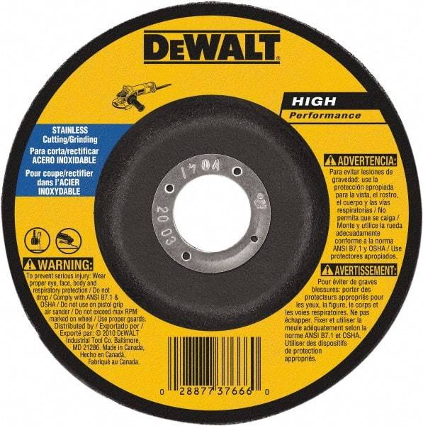 DeWALT - 30 Grit, 6" Wheel Diam, 1/8" Wheel Thickness, 7/8" Arbor Hole, Type 27 Depressed Center Wheel - Aluminum Oxide, 10,100 Max RPM, Compatible with Angle Grinder - Caliber Tooling