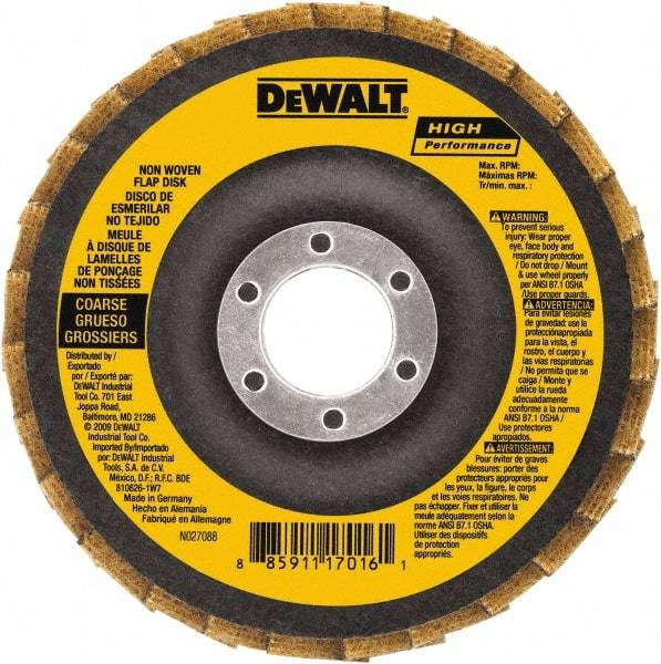 DeWALT - 100 Grit, 4-1/2" Disc Diam, 5/8-11 Center Hole, Type 27 Aluminum Oxide Flap Disc - 13,300 Max RPM, Fiberglass Backing, Arbor Attaching System, Non-Woven - Caliber Tooling