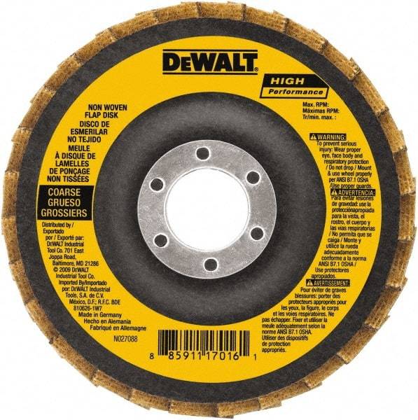 DeWALT - 4-1/2" Disc Diam, 7/8" Center Hole, Type 27 Aluminum Oxide Flap Disc - 13,300 Max RPM, Fiberglass Backing, Arbor Attaching System, Non-Woven - Caliber Tooling