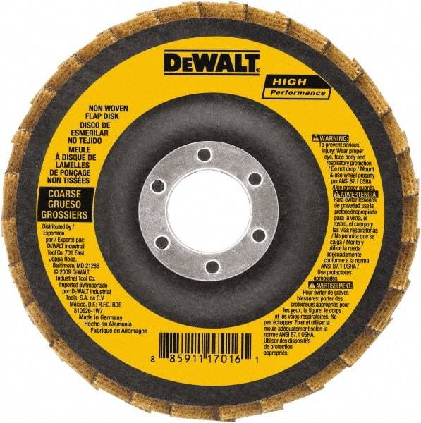 DeWALT - 100 Grit, 4-1/2" Disc Diam, 7/8" Center Hole, Type 27 Aluminum Oxide Flap Disc - 13,300 Max RPM, Fiberglass Backing, Arbor Attaching System, Non-Woven - Caliber Tooling