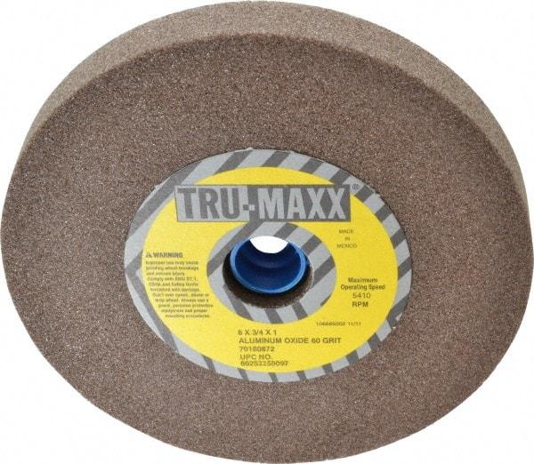 Tru-Maxx - 60 Grit Aluminum Oxide Bench & Pedestal Grinding Wheel - 6" Diam x 1" Hole x 3/4" Thick, 5410 Max RPM, O Hardness, Medium Grade , Vitrified Bond - Caliber Tooling