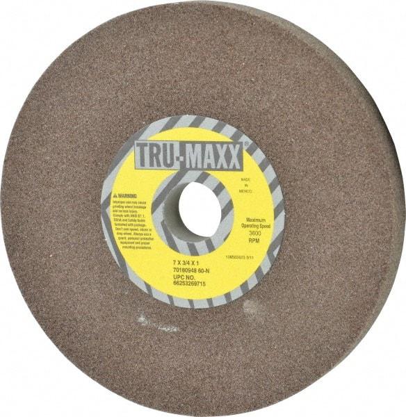 Tru-Maxx - 60 Grit Aluminum Oxide Bench & Pedestal Grinding Wheel - 7" Diam x 1" Hole x 3/4" Thick, 3600 Max RPM, O Hardness, Medium Grade , Vitrified Bond - Caliber Tooling