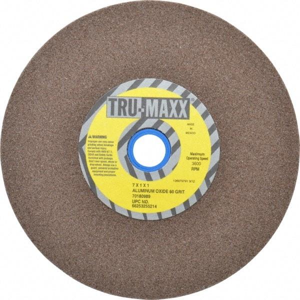 Tru-Maxx - 60 Grit Aluminum Oxide Bench & Pedestal Grinding Wheel - 7" Diam x 1" Hole x 1" Thick, 3600 Max RPM, O Hardness, Medium Grade , Vitrified Bond - Caliber Tooling