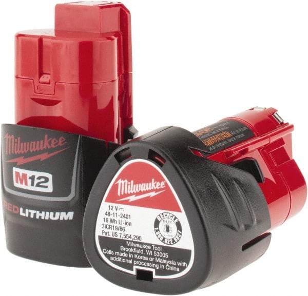 Milwaukee Tool - 12 Volt Lithium-Ion Power Tool Battery - 1.5 Ahr Capacity, 1/2 hr Charge Time, Series M12 RED - Caliber Tooling