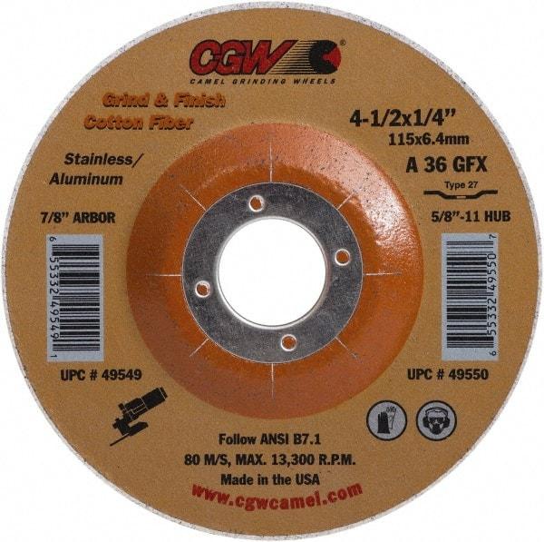 Camel Grinding Wheels - 36 Grit, 4-1/2" Wheel Diam, 1/4" Wheel Thickness, Type 27 Depressed Center Wheel - Medium Grade, Aluminum Oxide, 13,300 Max RPM - Caliber Tooling