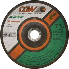 Camel Grinding Wheels - 30 Grit, 9" Wheel Diam, 1/4" Wheel Thickness, 7/8" Arbor Hole, Type 27 Depressed Center Wheel - Medium Grade, Aluminum Oxide, Resinoid Bond, 6,650 Max RPM - Caliber Tooling