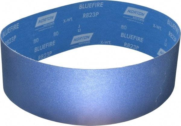 Norton - 4" Wide x 36" OAL, 80 Grit, Zirconia Alumina Abrasive Belt - Zirconia Alumina, Medium, Coated, X Weighted Cloth Backing, Series R823 - Caliber Tooling