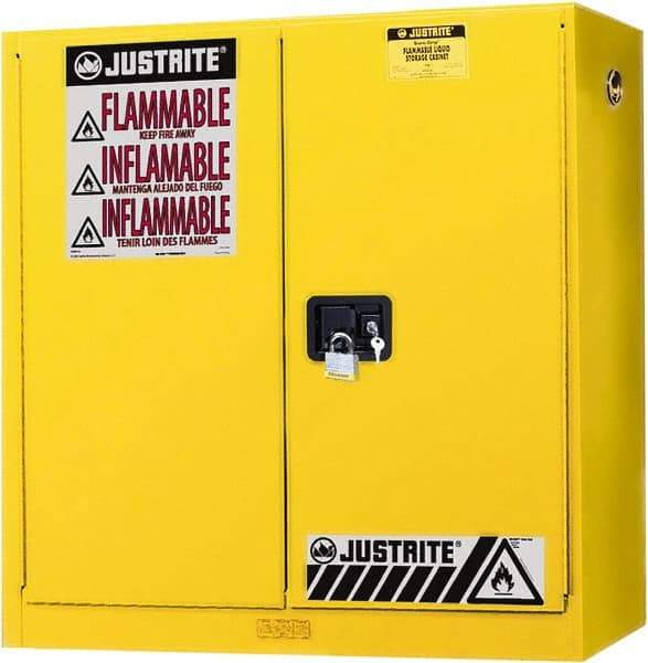 Justrite - 2 Door, 3 Shelf, Yellow Steel Wall Mount Safety Cabinet for Flammable and Combustible Liquids - 44" High x 43" Wide x 12" Deep, Manual Closing Door, 20 Gal Capacity - Caliber Tooling