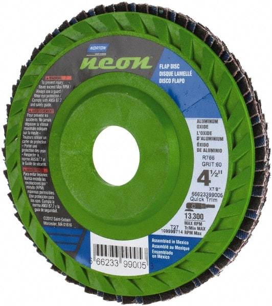 Norton - 60 Grit, 4-1/2" Disc Diam, 7/8" Center Hole, Type 27 Ceramic Alumina Flap Disc - 13,300 Max RPM, Polyester Backing, Arbor Attaching System, Coated - Caliber Tooling