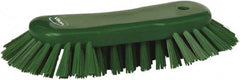 Vikan - 1.3" Bristle Length, Polyester Utility Scrub Brush - 7-3/4" Long x 3" Wide Head, 8" OAL, European Threaded Handle, Green, Polypropylene Block - Caliber Tooling