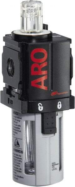 ARO/Ingersoll-Rand - 1/4" NPT, 150 Max psi Miniature Modular Lubricator - Polycarbonate Bowl, Aluminum Body, 51 CFM, 125°F Max Temp, 1.58" Long x 1.81" Wide x 5.04" High - Caliber Tooling