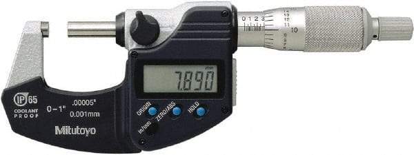 Mitutoyo - 0.0001 Inch Resolution, Standard Throat, Electronic Outside Micrometer - Includes Stand - Caliber Tooling