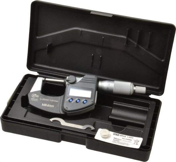 Mitutoyo - 0 to 25 mm Range, 0.001 mm Resolution, Standard Throat, IP65 Electronic Outside Micrometer - 0.001 Inch Accuracy, Ratchet Stop Thimble, Carbide Face, SR44 Battery, Data Output, Plastic Case, Includes NIST Traceable Certification of Inspection - Caliber Tooling