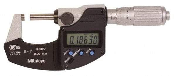 Mitutoyo - 0.0001 Inch Resolution, Standard Throat, Electronic Outside Micrometer - Includes Stand - Caliber Tooling