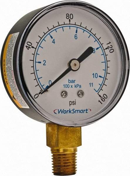 Value Collection - 2-1/2" Dial, 1/4 Thread, 0-160 Scale Range, Pressure Gauge - Lower Connection Mount, Accurate to 3-2-3% of Scale - Caliber Tooling