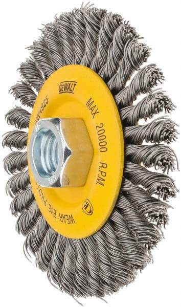 DeWALT - 4" OD, 5/8-11 Arbor Hole, Stringer Bead Steel Wheel Brush - 3/8" Face Width, 7/8" Trim Length, 0.02" Filament Diam, 20,000 RPM - Caliber Tooling