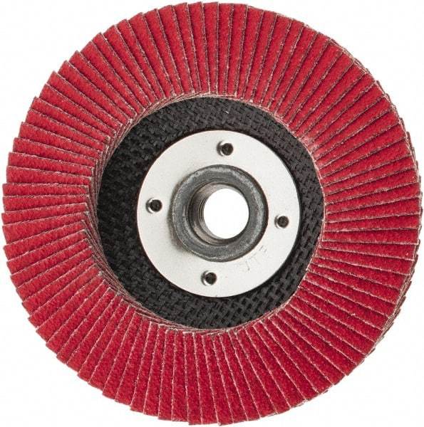 Weiler - 60 Grit, 4-1/2" Disc Diam, 5/8-11 Center Hole, Type 29 Ceramic Flap Disc - 13,000 Max RPM, Phenolic Backing, Quick Change Type S Attaching System, Coated - Caliber Tooling