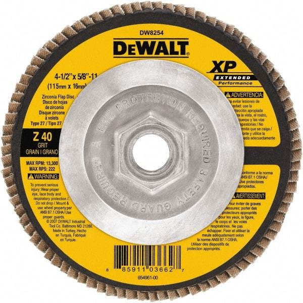 DeWALT - 40 Grit, 4-1/2" Disc Diam, 5/8-11 Center Hole, Type 27 Zirconia Alumina Flap Disc - 13,300 Max RPM, Cloth Backing, Arbor Attaching System, Coated - Caliber Tooling