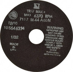 Tru-Maxx - 6" 60 Grit Aluminum Oxide Cutoff Wheel - 1/32" Thick, 1-1/4" Arbor, 6,048 Max RPM, Use with Stationary Tools - Caliber Tooling