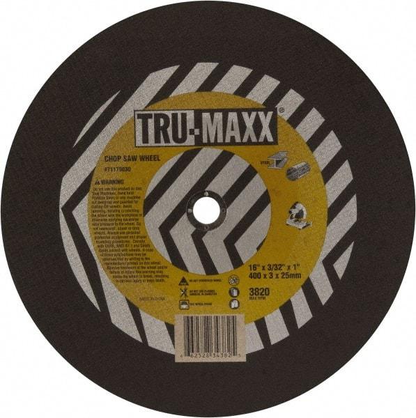 Tru-Maxx - 16" 36 Grit Aluminum Oxide Cutoff Wheel - 7/64" Thick, 1" Arbor, 3,820 Max RPM, Use with Chop Saws - Caliber Tooling