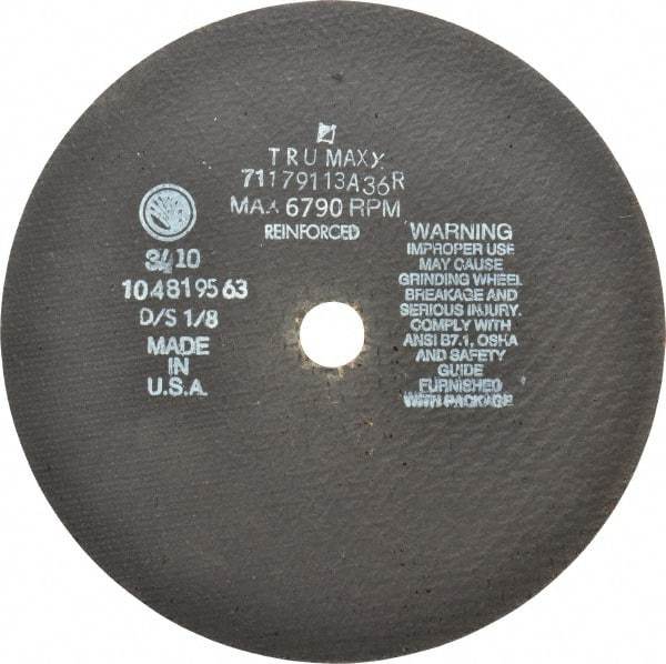 Tru-Maxx - 9" 36 Grit Aluminum Oxide Cutoff Wheel - 1/8" Thick, 7/8" Arbor, 6,791 Max RPM, Use with Angle Grinders - Caliber Tooling