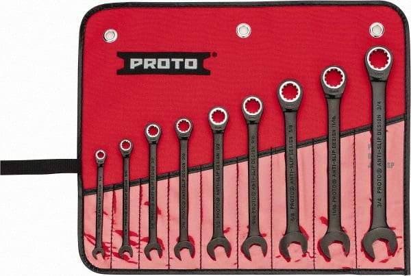 Proto - 9 Piece, 1/4" to 3/4", Ratcheting Combination Wrench Set - 12 Point, Black/Chrome Finish, Comes in Pouch - Caliber Tooling