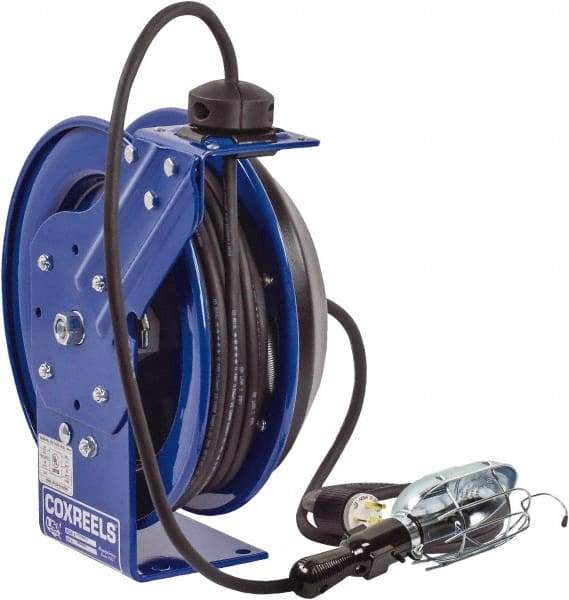 CoxReels - 16 AWG, 50' Cable Length, Cord & Cable Reel with Incandescent Hand Lamp with Tool Tap Plug End - 1 Outlet, NEMA 5-15R, 13 Amps, 115 Volts, SJTO Cable, Blue Reel, Spring Driven Reel - Caliber Tooling