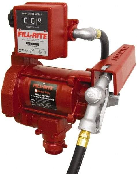 Tuthill - 20 GPM, 3/4" Hose Diam, AC Tank Pump with Manual Nozzle & 807C Meter - 1-1/4" Inlet, 3/4" Outlet, 115 Volts, 12' Hose Length, 1/3 hp - Caliber Tooling