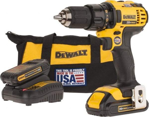 DeWALT - 20 Volt 1/2" Chuck Pistol Grip Handle Cordless Drill - 0-600 & 0-2000 RPM, Keyless Chuck, Reversible, 2 Lithium-Ion Batteries Included - Caliber Tooling