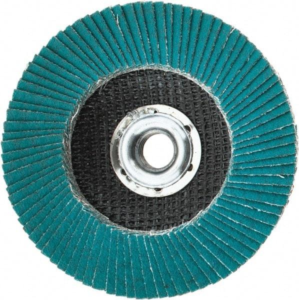 3M - 80 Grit, 4-1/2" Disc Diam, 5/8-11 Center Hole, Type 27 Zirconia Alumina Flap Disc - 13,300 Max RPM, Cloth Backing, Arbor Attaching System, Coated - Caliber Tooling