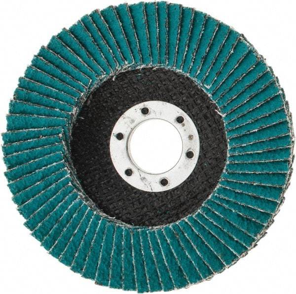 3M - 36 Grit, 4-1/2" Disc Diam, 7/8" Center Hole, Type 27 Zirconia Alumina Flap Disc - 13,300 Max RPM, Cloth Backing, Arbor Attaching System, Coated - Caliber Tooling