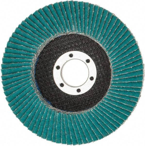 3M - 60 Grit, 4-1/2" Disc Diam, 7/8" Center Hole, Type 27 Zirconia Alumina Flap Disc - 13,300 Max RPM, Cloth Backing, Arbor Attaching System, Coated - Caliber Tooling