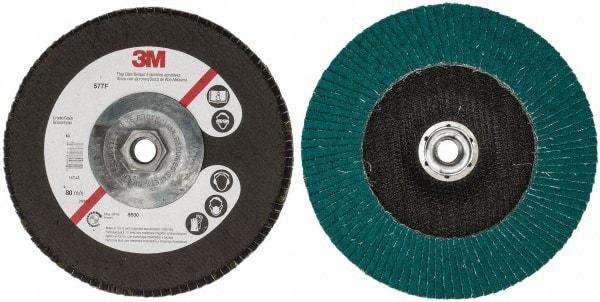 3M - 40 Grit, 7" Disc Diam, 5/8-11 Center Hole, Type 27 Zirconia Alumina Flap Disc - 8,600 Max RPM, Cloth Backing, Arbor Attaching System, Coated - Caliber Tooling