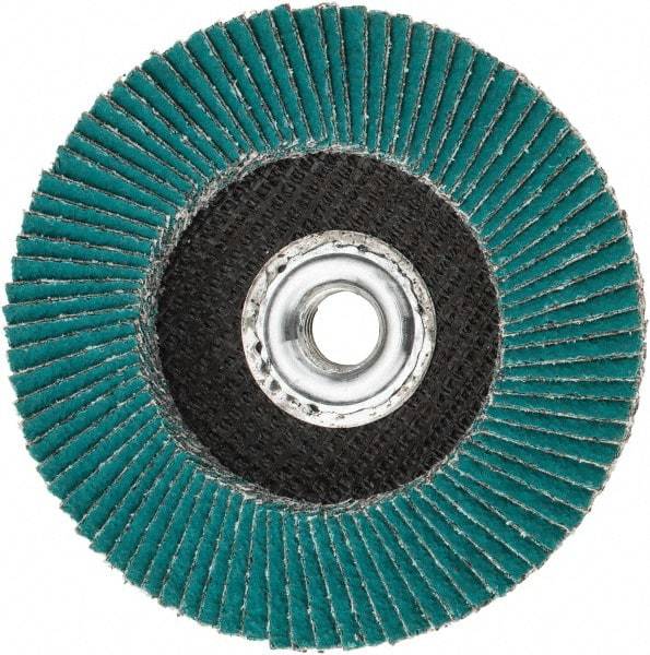 3M - 40 Grit, 4-1/2" Disc Diam, 5/8-11 Center Hole, Type 27 Zirconia Alumina Flap Disc - 13,300 Max RPM, Cloth Backing, Arbor Attaching System, Coated - Caliber Tooling