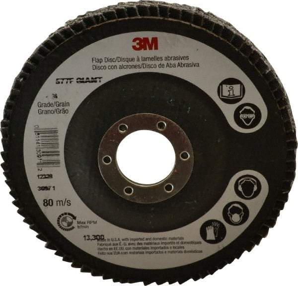 3M - 36 Grit, 4-1/2" Disc Diam, 7/8" Center Hole, Type 27 Zirconia Alumina Flap Disc - 13,300 Max RPM, Cloth Backing, Arbor Attaching System, Coated - Caliber Tooling