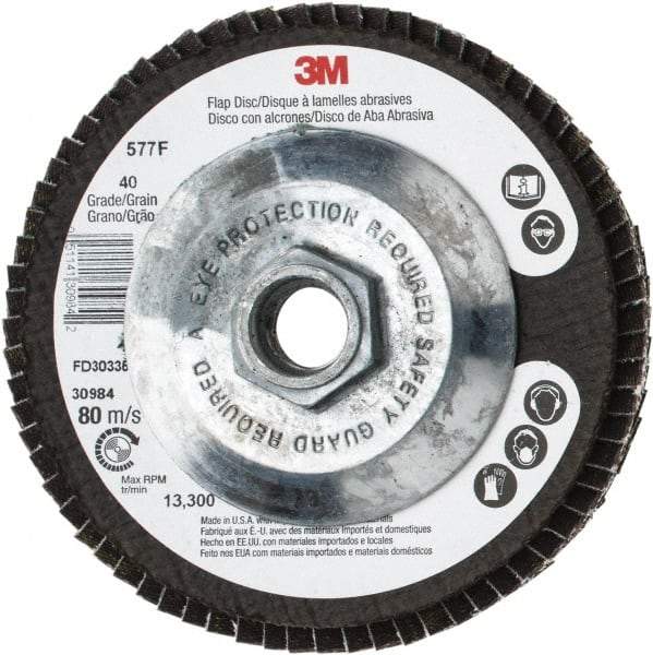 3M - 40 Grit, 4-1/2" Disc Diam, 5/8-11 Center Hole, Type 29 Zirconia Alumina Flap Disc - 13,300 Max RPM, Cloth Backing, Arbor Attaching System, Coated - Caliber Tooling