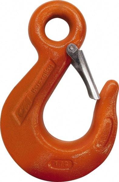 CM - Chain Grade 100, 4,300 Lbs. Load Limit Eye Sling Hook with Latch - 2-1/2 Inch Hook Throat, 4-3/4 Inch Reach, 0.63 Inch Eye Inside Diameter, 9/32 Inch Chain Diameter, 6.45 Inch Overall Length, 0.47 Inch Eye Thickness - Caliber Tooling