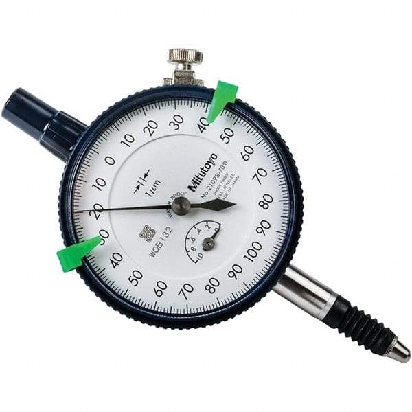 Mitutoyo - 1mm Range, 0-100-0 Dial Reading, 0.001mm Graduation Dial Drop Indicator - 57mm Dial, 0.2mm Range per Revolution, 0.005mm Accuracy, Revolution Counter - Caliber Tooling