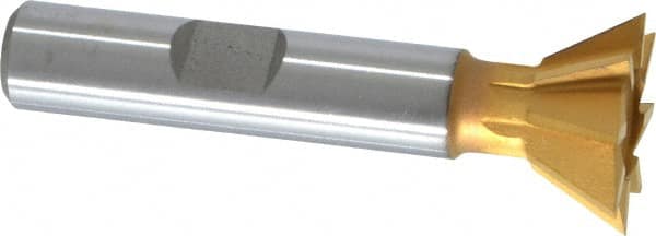 Made in USA - 3/4" Diam x 5/16" Width of Cut, 60° Included Angle, High Speed Steel Dovetail Cutter - 3/8" Shank Diam, 2-1/8" Overall Length, Weldon Flat, TiN Coated - Caliber Tooling